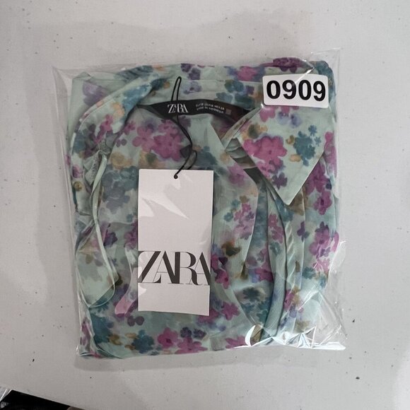 Zara NWT Womens S Floral Wrap Blouse Bell Sleeves Fairy Pastel Chiffon Crop Top - Picture 15 of 15